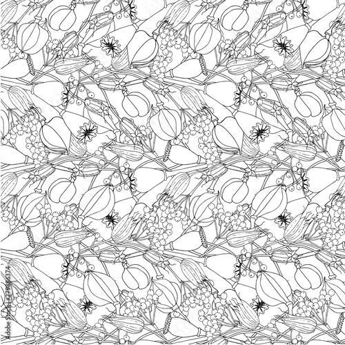 Seamless monochrome pattern of aquilegias  viburnum  popover fruits hand drawn graphic design element stock vector illustration for web  for print  for fabric print  for wallpaper