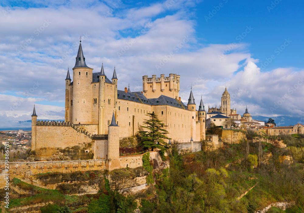 Spain, Castile and Leon, Segovia. The Alcazar and cathedral at sunset Spain, Castile and Leon, Segovia. The Alcazar and cathedral at sunset