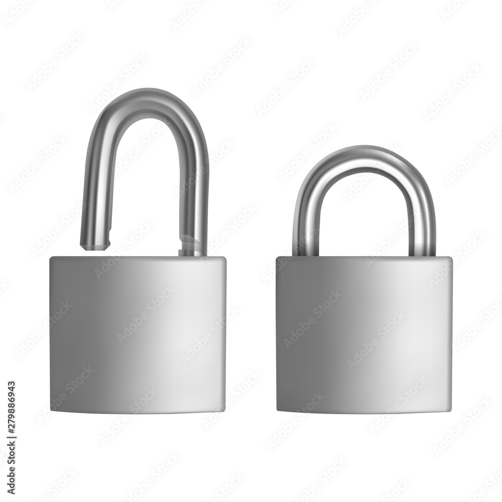 Two realistic icons Silver padlock in the open and closed position, isolated on white background, Vector illustration Two realistic icons Silver padlock in the open and closed position, isolated on white background, Vector illustration