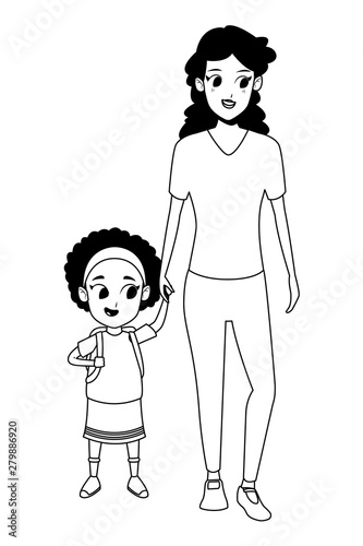 Family single mother with kid in black and white