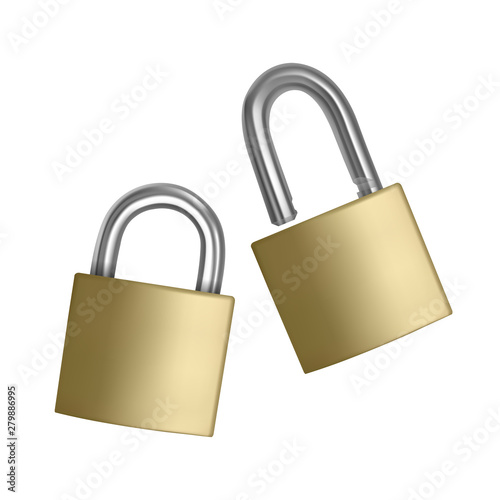 Two realistic icons golden padlock in the open and closed position, isolated on white background, Vector illustration