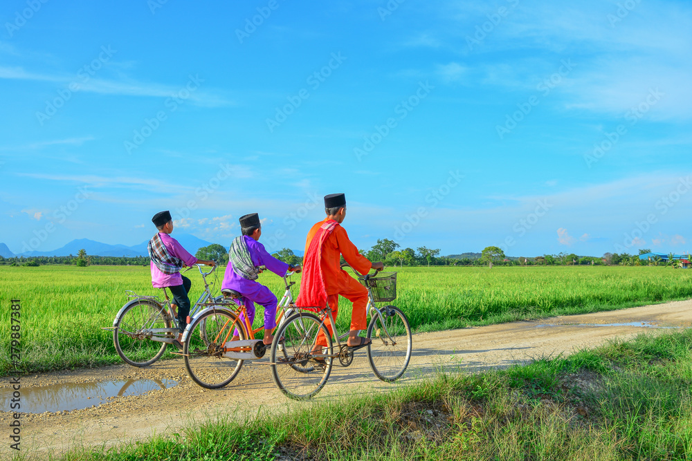 Fototapeta premium happy young local boy riding old bicycle at paddy field