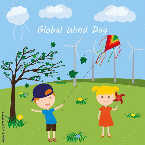 Global Wind Day. Little boy...