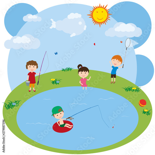 Children play by the lake. ...