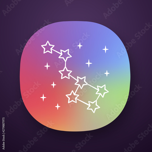 Constellation app icon. Group of stars. Big dipper. Ursa Major. Astronomical observations. Study of starry sky. UI/UX user interface. Web or mobile application. Vector isolated illustration