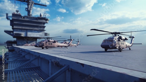 Photo Military helicopters Blackhawk take off from an aircraft carrier at clear day in the endless blue sea