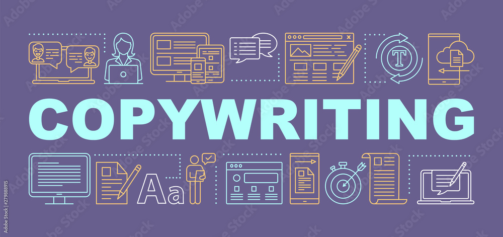 Copywriting word concepts banner. Advertising texts writing. Content creation. Presentation, website. Isolated lettering typography idea with linear icons. Vector outline illustration Copywriting word concepts banner. Advertising texts writing. Content creation. Presentation, website. Isolated lettering typography idea with linear icons. Vector outline illustration