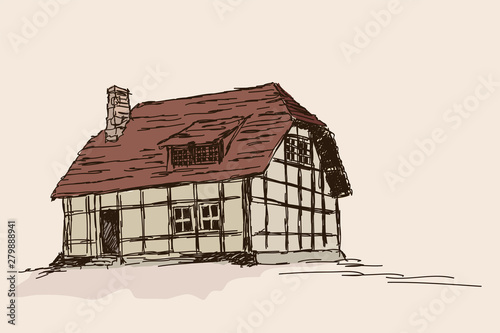 Old rustic wooden house in the mountains. Drawing sketch isolated on beige background.