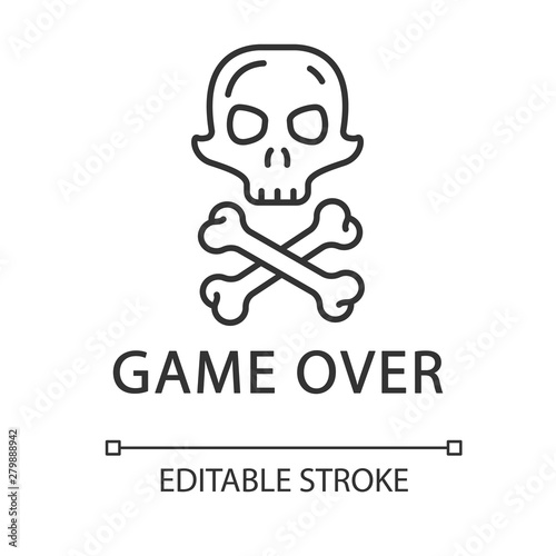 Game over linear icon. Virtual video game level end, finish, failure. Skull with crossbones. Computer game fail, loser. Thin line illustration. Contour vector isolated outline drawing. Editable stroke