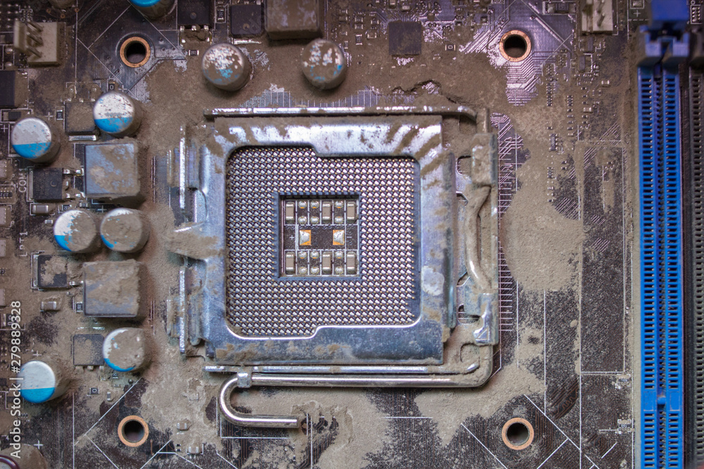 Fototapeta premium motherboard is dirty,dirty processor slot on the motherboard of the computer