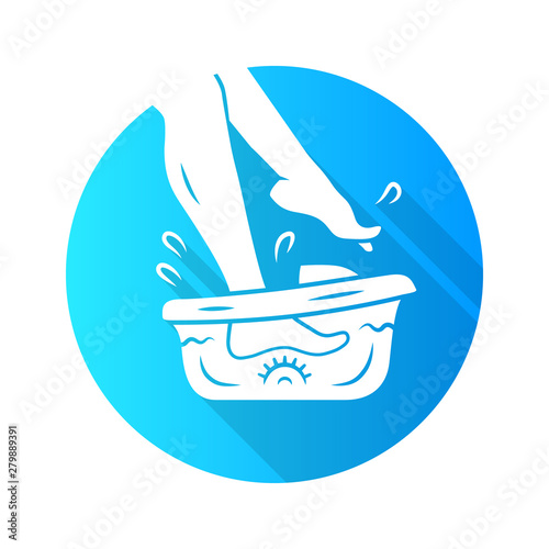 Foot spa bath massager flat design long shadow glyph icon. Relaxing massage. Beauty device for home use. Pedicure instrument. Beauty parlour chiropody procedure. Vector silhouette illustration