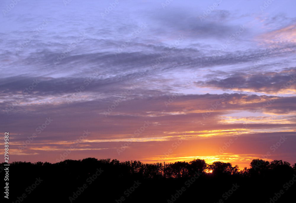 A colourful backdrop of real sunset over the silhouette of the forest