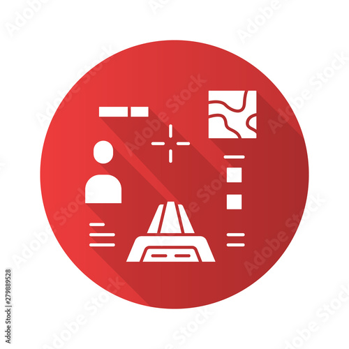 Shooter from first person flat design long shadow glyph icon. Virtual video game. Online multiplayer. Battle royale. Cybersport mission. Computer game interface. Vector silhouette illustration