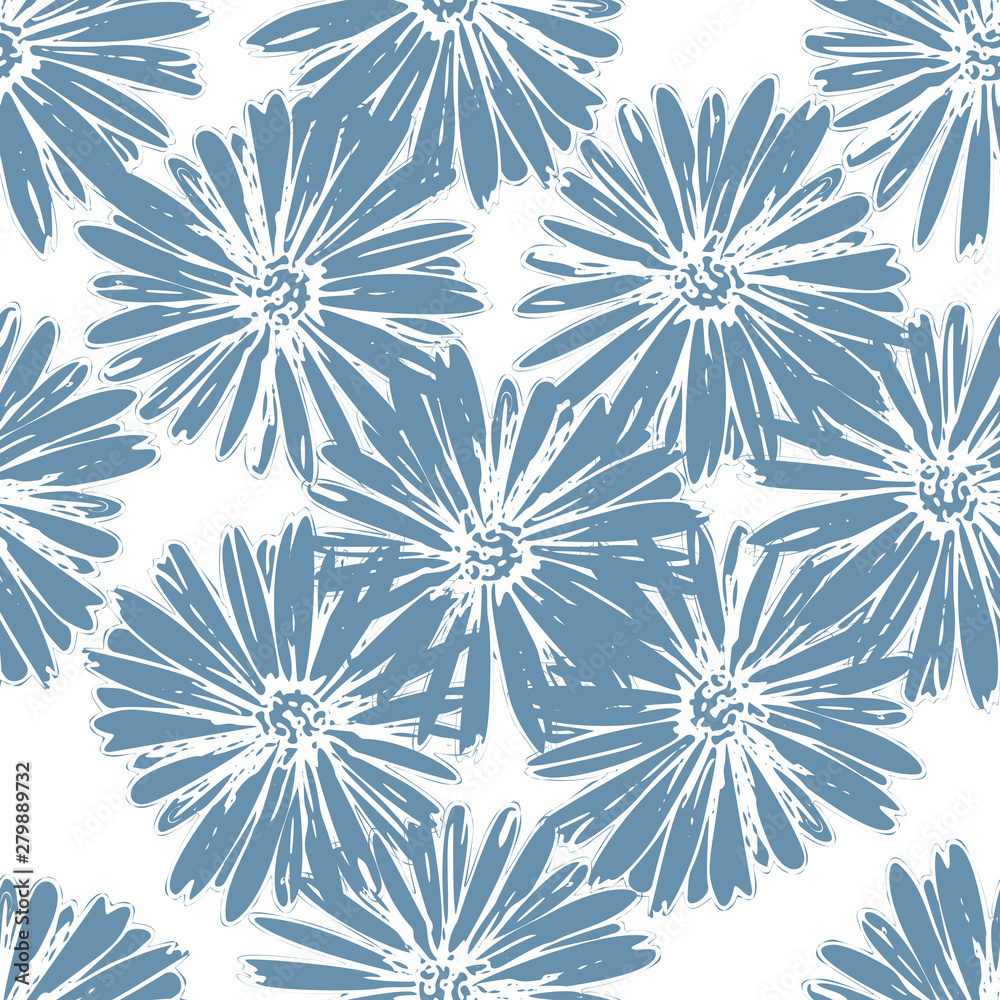 Blue chamomile meadow  wildflower Nature seamless pattern. Silhouette vector. Spring decoration.