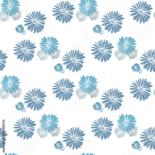 Blue chamomile meadow wildflower Nature seamless pattern. Silhouette vector. Spring decoration.