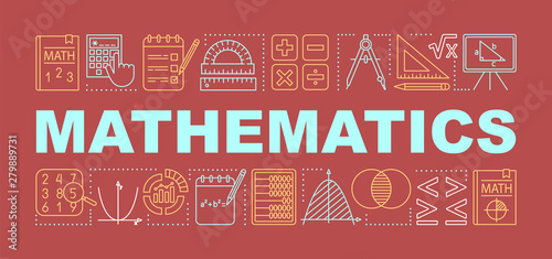 Mathematics word concepts banner. Presentation, website. Isolated lettering typography idea with linear icons. Algebra, geometry, statistics, basic maths. Vector outline illustration