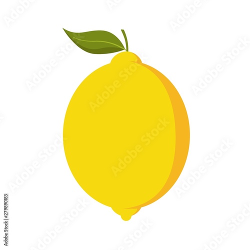 Fruit lemon with leaf and stalk. Yellow fruit in cartoon style. Vector illustration.