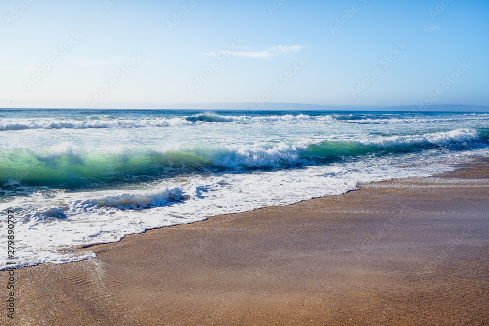 Idyllic Tropical Sand Beach, Blue Waves Breaking On The Shore.