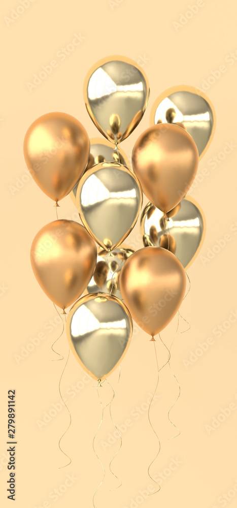 Illustration of glossy golden balloons on beige background. Empty space for birthday, party, promotion social media banners, posters. 3d render realistic balloons Illustration of glossy golden balloons on beige background. Empty space for birthday, party, promotion social media banners, posters. 3d render realistic balloons