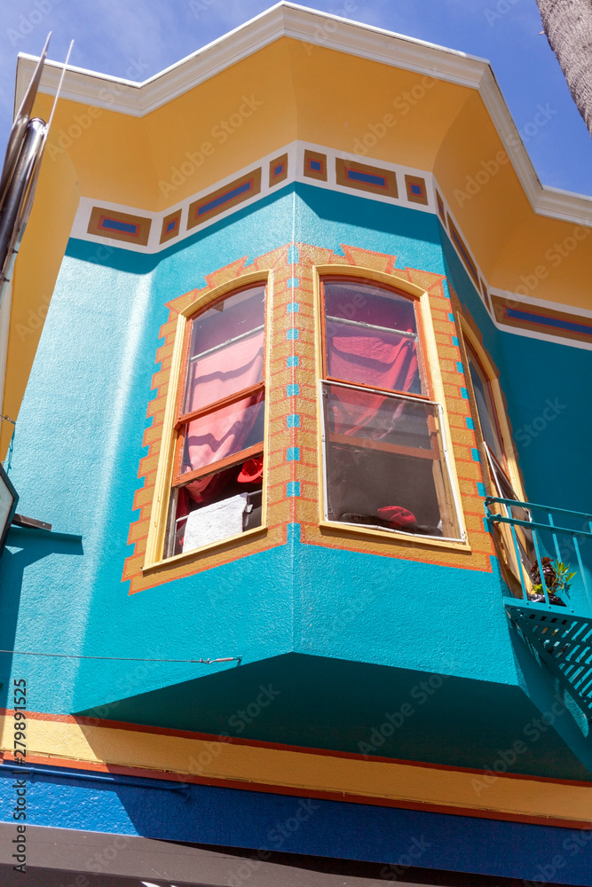 Colorfully painted vintage San Francisco bay window.