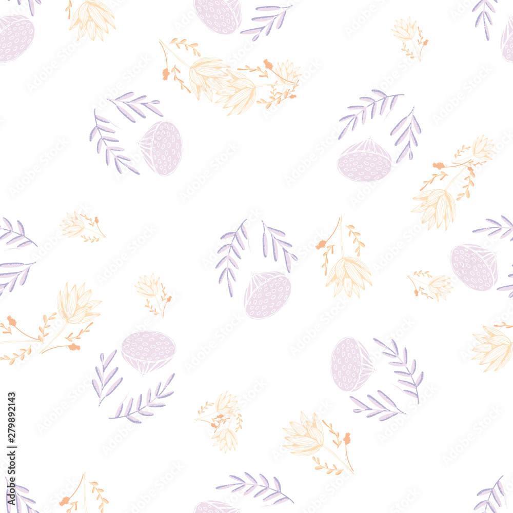 Color lotus flower hand drawn, floral seamless pattern, simple vector illustration