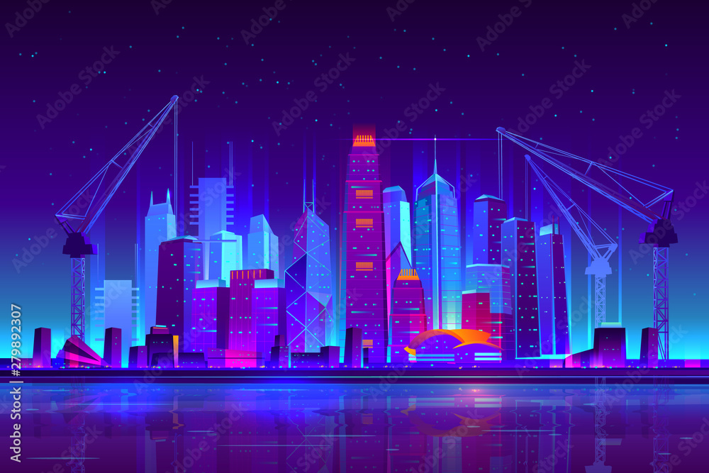 Night city building with construction cranes in neon lights. Growing metropolis development skyline, cityscape with futuristic architecture new skyscrapers urban background Cartoon vector illustration