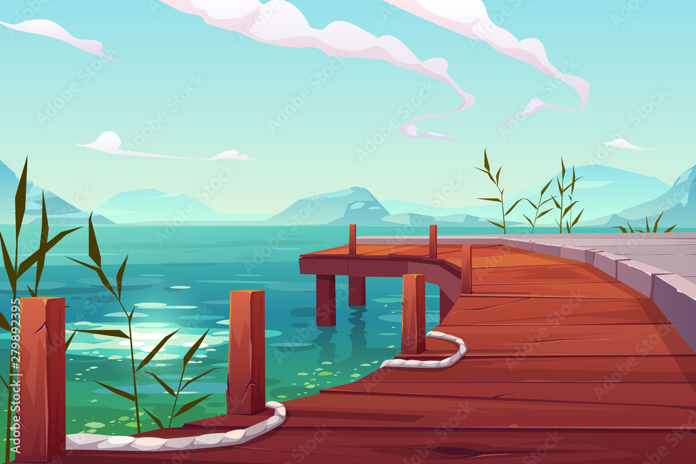 Wooden pier on river natural landscape, wharf with ropes and reed growing in water on picturesque lake background with mountains view. Cartoon vector illustration Wooden pier on river natural landscape, wharf with ropes and reed growing in water on picturesque lake background with mountains view. Cartoon vector illustration