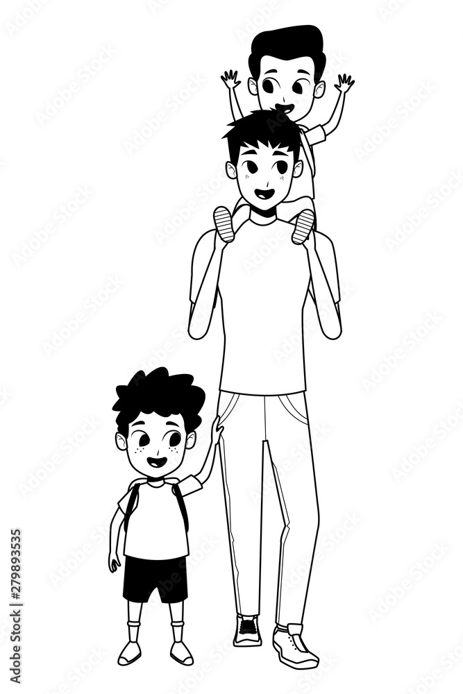 Family single father with children in black and white Family single father with children in black and white