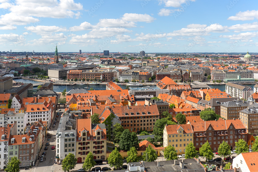 Aerial view on the city from the spiral tower Church of Our Saviour, Copenhagen, Denmark