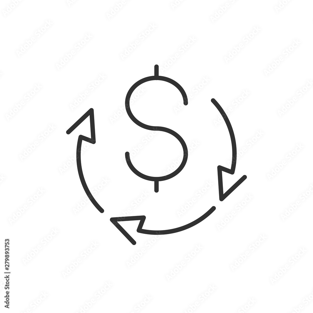Icon of dollar sign in circle made of arrows, payment or currency exchange finance icon, banking or investment concept. Vector illustration isolated on white background. Icon of dollar sign in circle made of arrows, payment or currency exchange finance icon, banking or investment concept. Vector illustration isolated on white background.