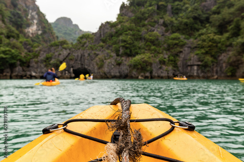 POV Kayak Between Limestone Karsts In Lan Ha Bay, Vietnam..