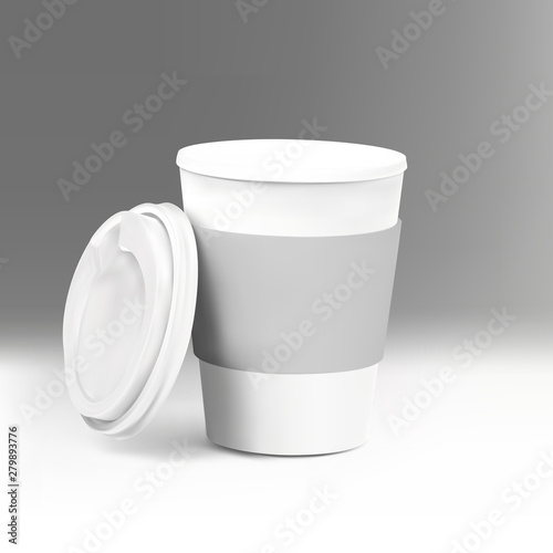 Vector realistic blank 3d paper coffee cup. Mockup template for cafe or restaurant brand identity design. Disposable plastic and paper tableware vector template for hot drinks.