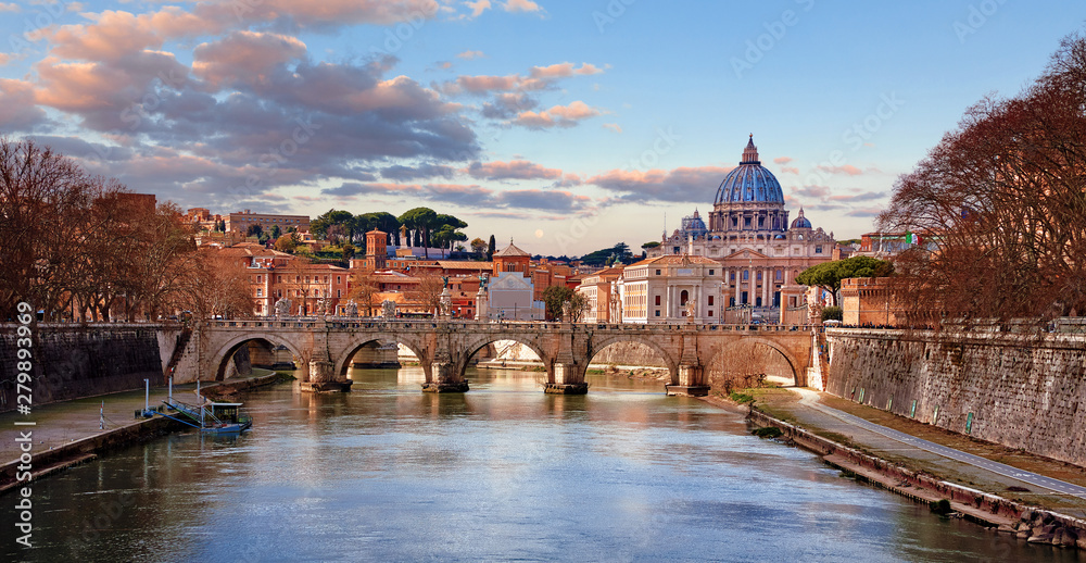 Dome Saint Peters Basilica Vatican City. Cityscape Panoramic. View Old bridge evening sunset with sky and pink clouds. Autumn landscape.