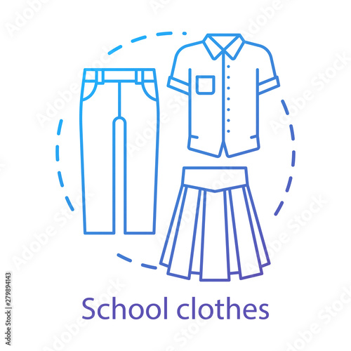 School uniform, clothes concept icon. Elementary grade student official fashion idea thin line illustration. Men and women formal apparel. T shirt, pants and long skirt vector isolated outline drawing