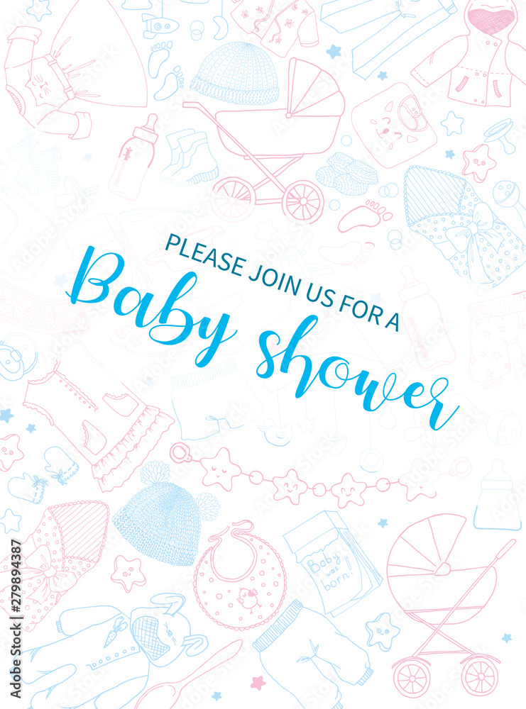 Poster invitation Baby shower with a pattern of things for babies. Sketch. Vector Poster invitation Baby shower with a pattern of things for babies. Sketch. Vector