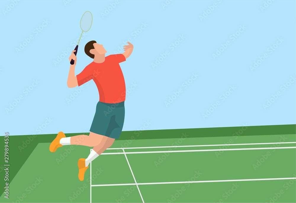 badminton player is approaching the shuttlecock to make a smash shot, badminton vector illustration in flat design