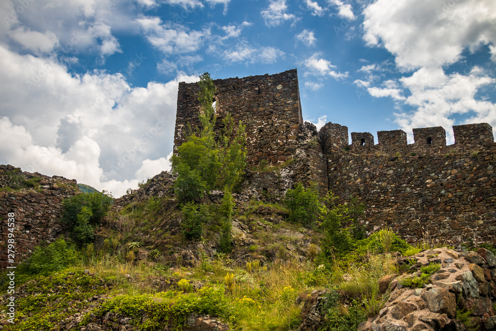 Interior of ruins of medieval fortress Maglic on top of hill by the Ibar river in Serbia. Valley of this river is also called Lilac valley.