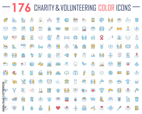 Charity and volunteering color icons big set. Fundraising, philanthropy, humanitarian help, human care. Social responsibility, charitable organization, social welfare. Isolated vector illustrations