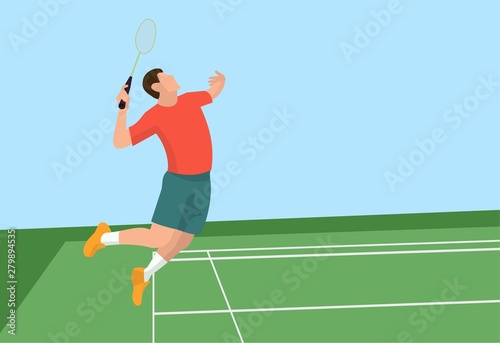 badminton player is approaching the shuttlecock to make a smash shot, badminton vector illustration in flat design © Faisal