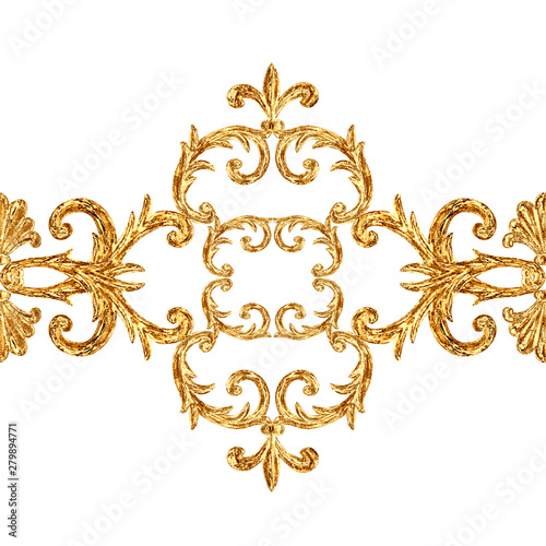 Baroque style golden ornamental segments seamless pattern. Hand drawn gold border frame