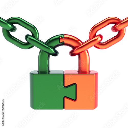 Concept puzzle lock padlock closed with chain green orange parts