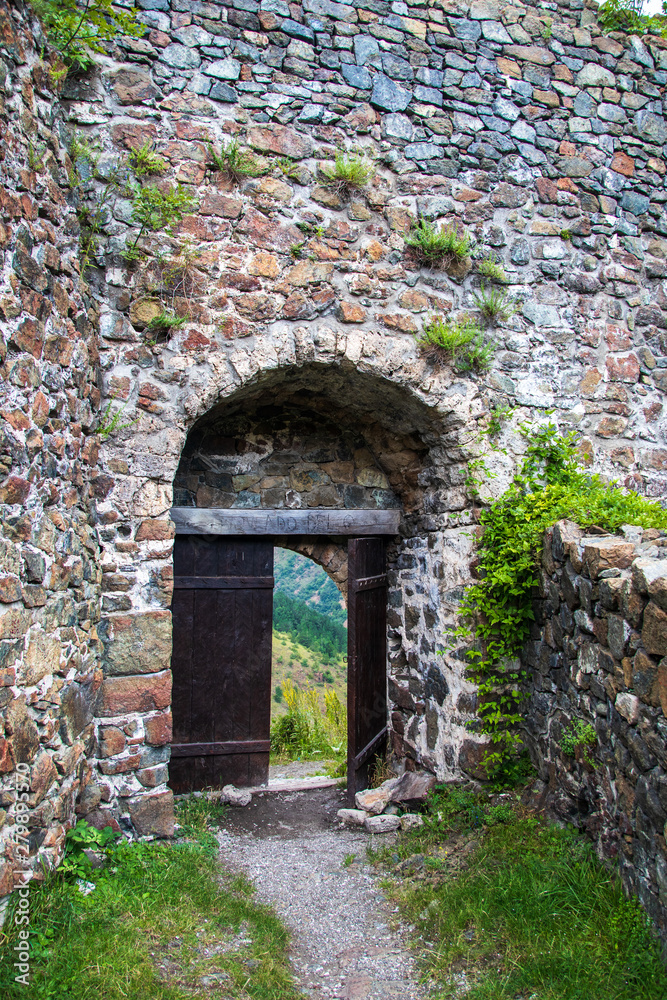 Interior of ruins of medieval fortress Maglic on top of hill by the Ibar river in Serbia. Valley of this river is also called Lilac valley.