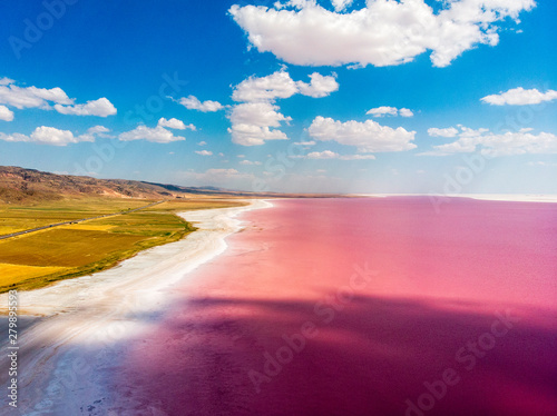 Aerial view of Lake Tuz, Tuz Golu. Salt Lake. Red, pink salt water. It is the second largest lake in Turkey and one of the largest hypersaline lakes in the world. It is located in the Central Anatolia