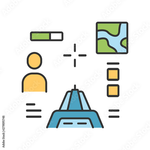Shooter from first person color icon. Virtual video game. Online multiplayer. Battle royale. Cybersport, esport competition, mission. Computer game interface. Isolated vector illustration