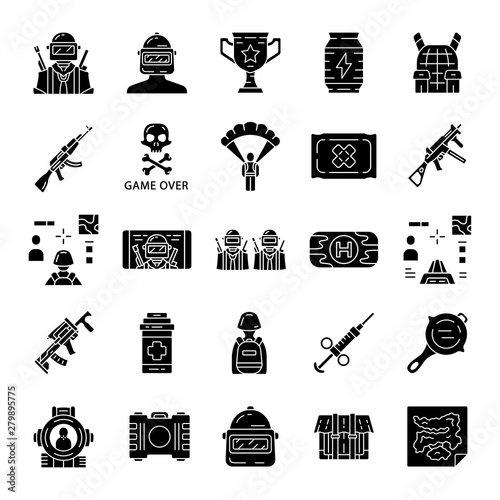 Online game inventory glyph icons set. Virtual video game. Shooter from first person. Online multiplayer. Esport, equipment. Computer, video game tool. Silhouette symbols. Vector isolated illustration