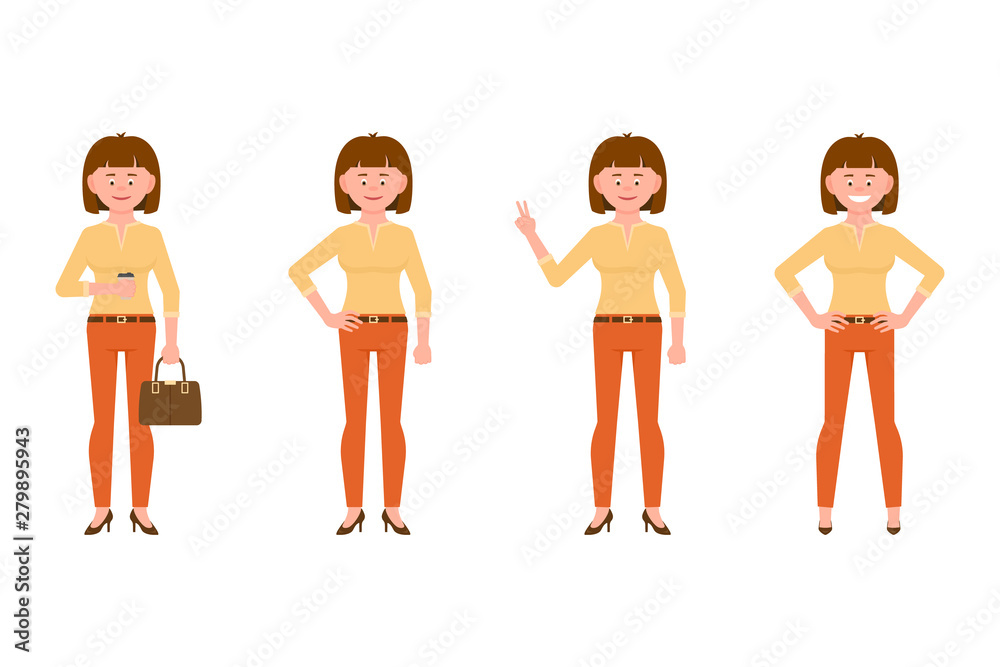 Naklejka premium Smiling, friendly, brown hair young office woman in orange pants vector illustration. Drinking coffee, shoving victory sign front view standing girl cartoon character set on white background