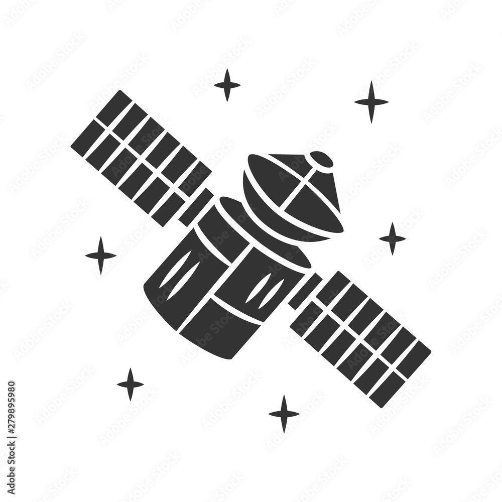 Satellite glyph icon. Sputnik. Artificial object in orbit. Space probe.  Earth observation. Space telescope. GPS navigation. Silhouette symbol.  Negative space. Vector isolated illustration Stock Vector | Adobe Stock