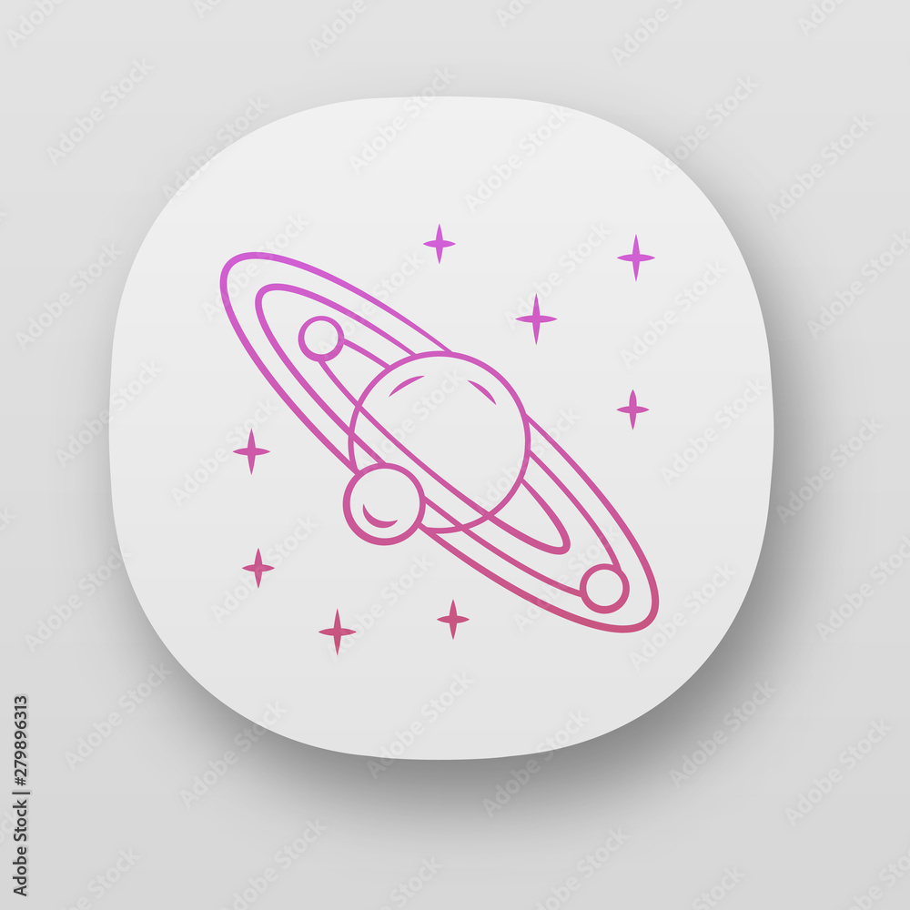 Solar system app icon. Celestial bodies orbiting star. Planetary system. Planet and three satellites. Astronomy. UI/UX user interface. Web or mobile applications. Vector isolated illustrations Solar system app icon. Celestial bodies orbiting star. Planetary system. Planet and three satellites. Astronomy. UI/UX user interface. Web or mobile applications. Vector isolated illustrations
