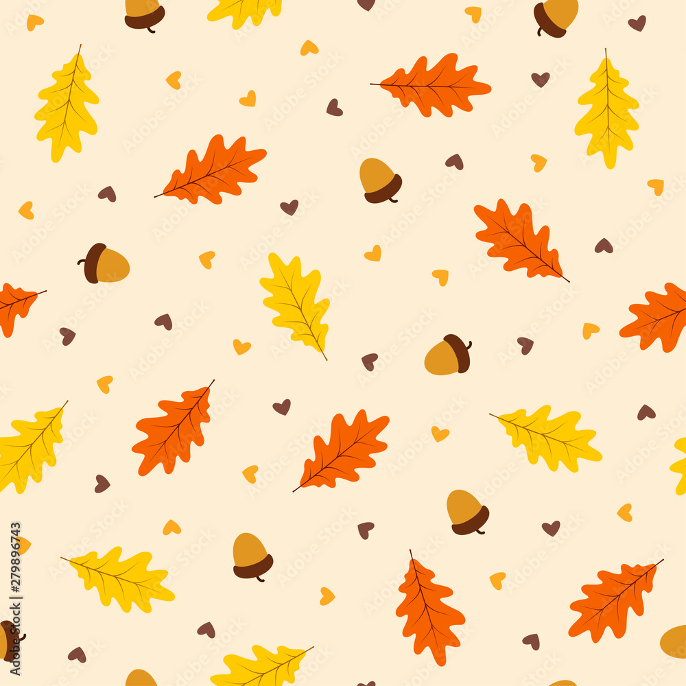 Autumn seamless pattern with leaf on orange background, vector illustration