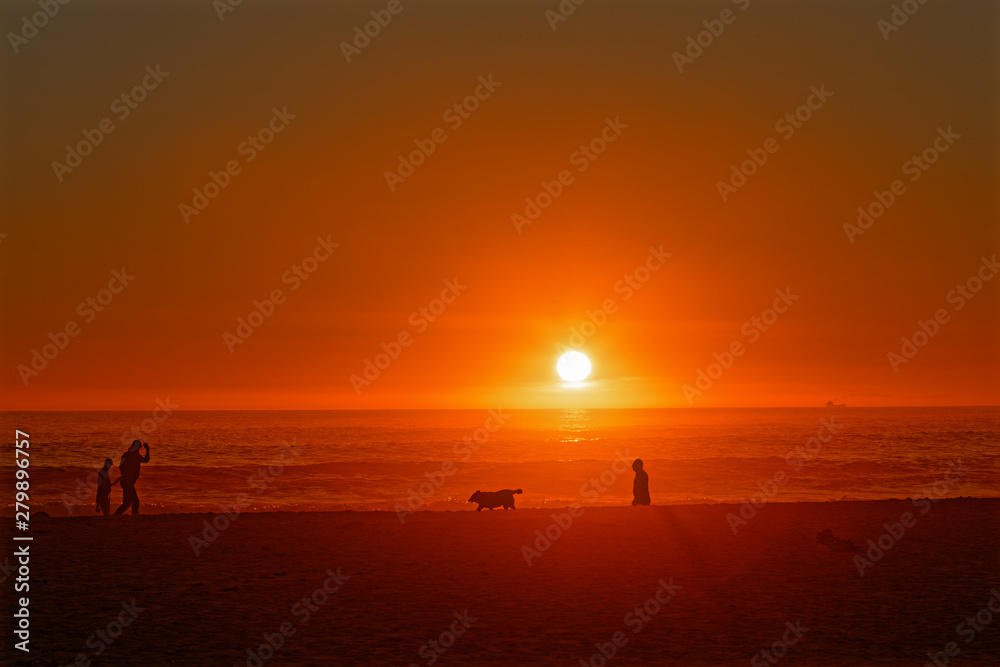 Walking the Dog at Sunset on the Beach